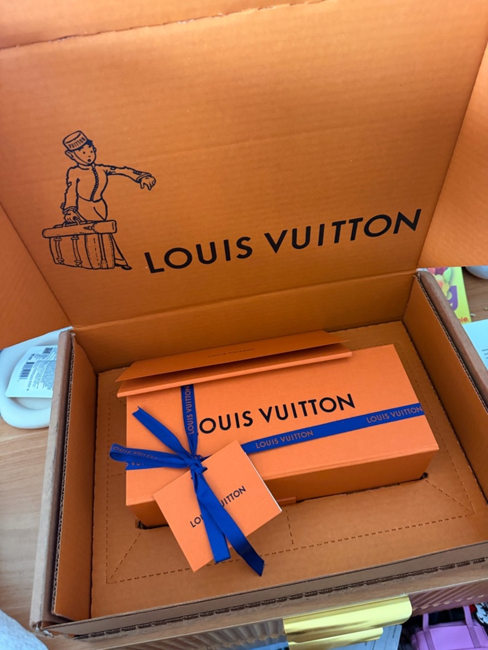 Louis Vuitton Orange Box with Blue Ribbon and Tag